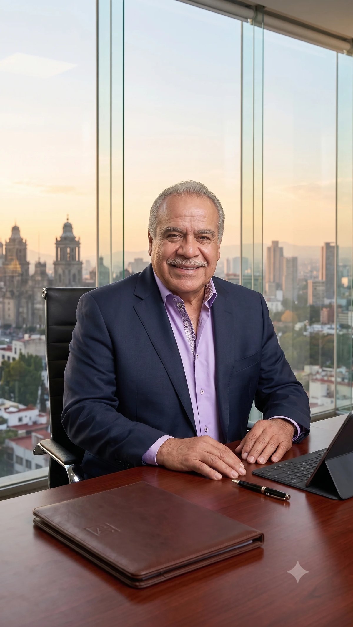 Professional man in navy blazer and purple shirt sits at desk in high-rise office with city skyline view through floor-to-ceiling windows