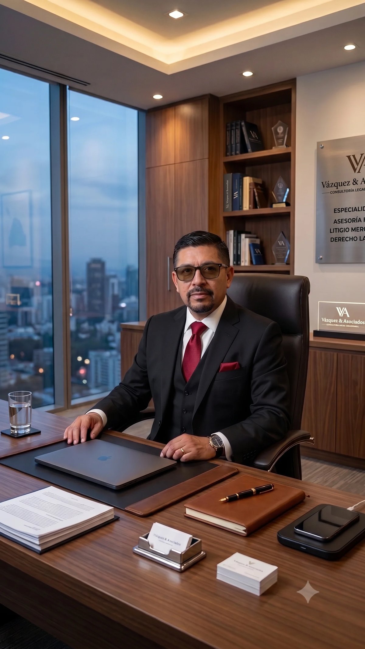 Professional man in business suit and glasses sitting at wooden desk in high-rise office with city skyline view