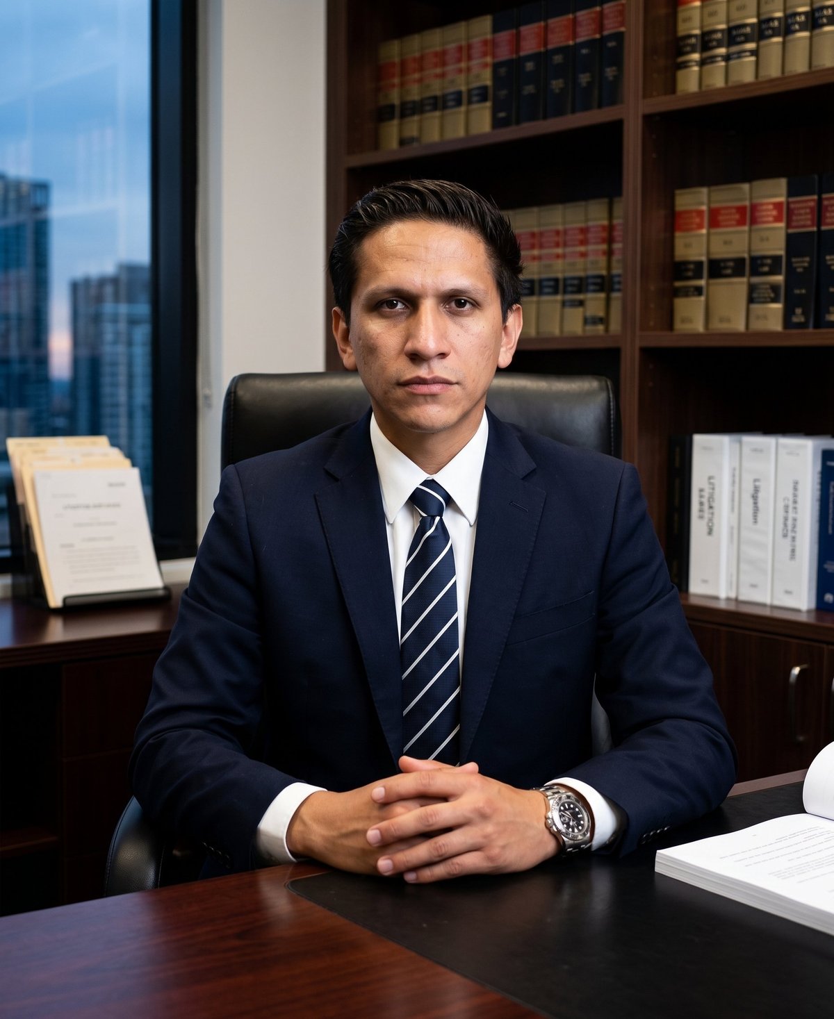 Professional man in dark suit and striped tie sits at desk in law office with bookshelves and city skyline visible in background
