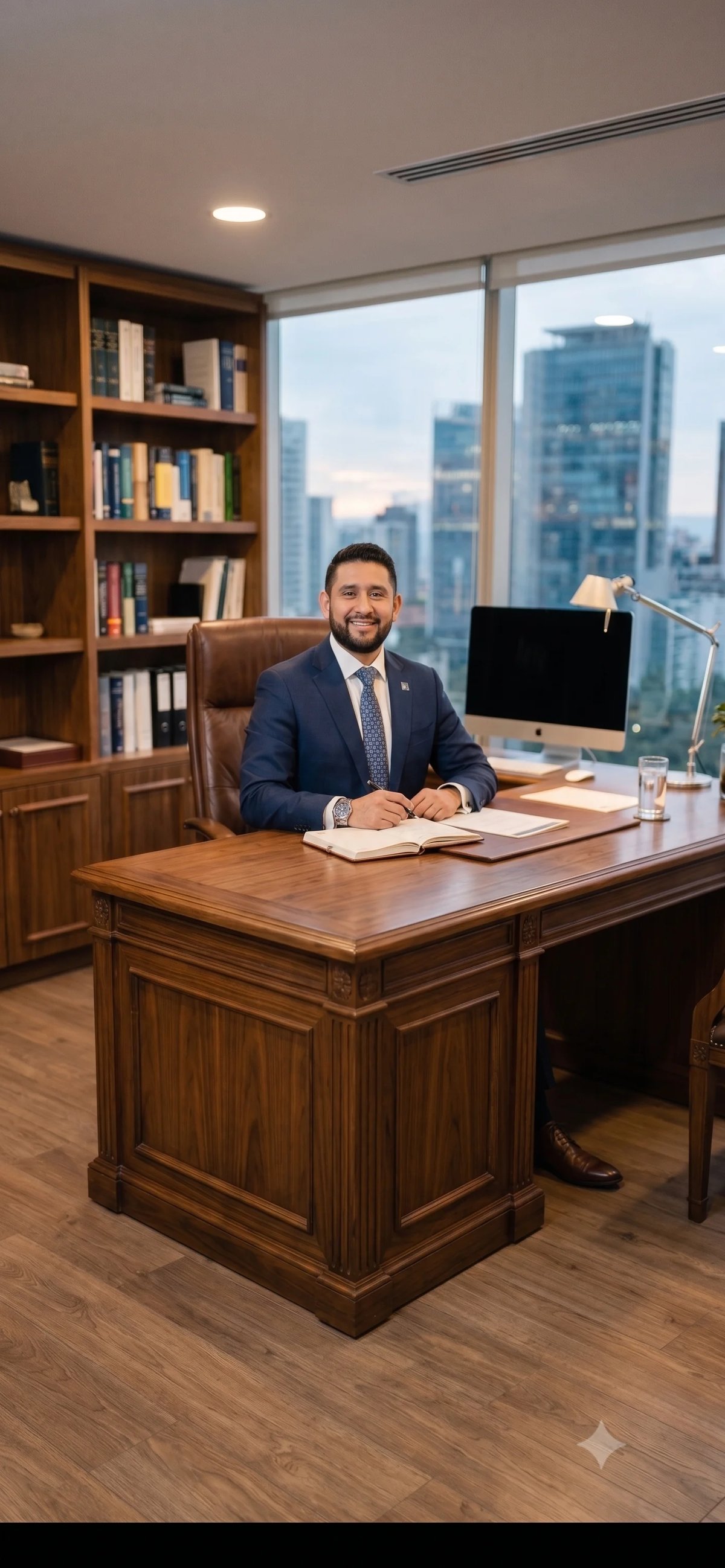 Professional man in business suit sitting at wooden desk in high-rise office with city skyline view and bookshelf behind him
